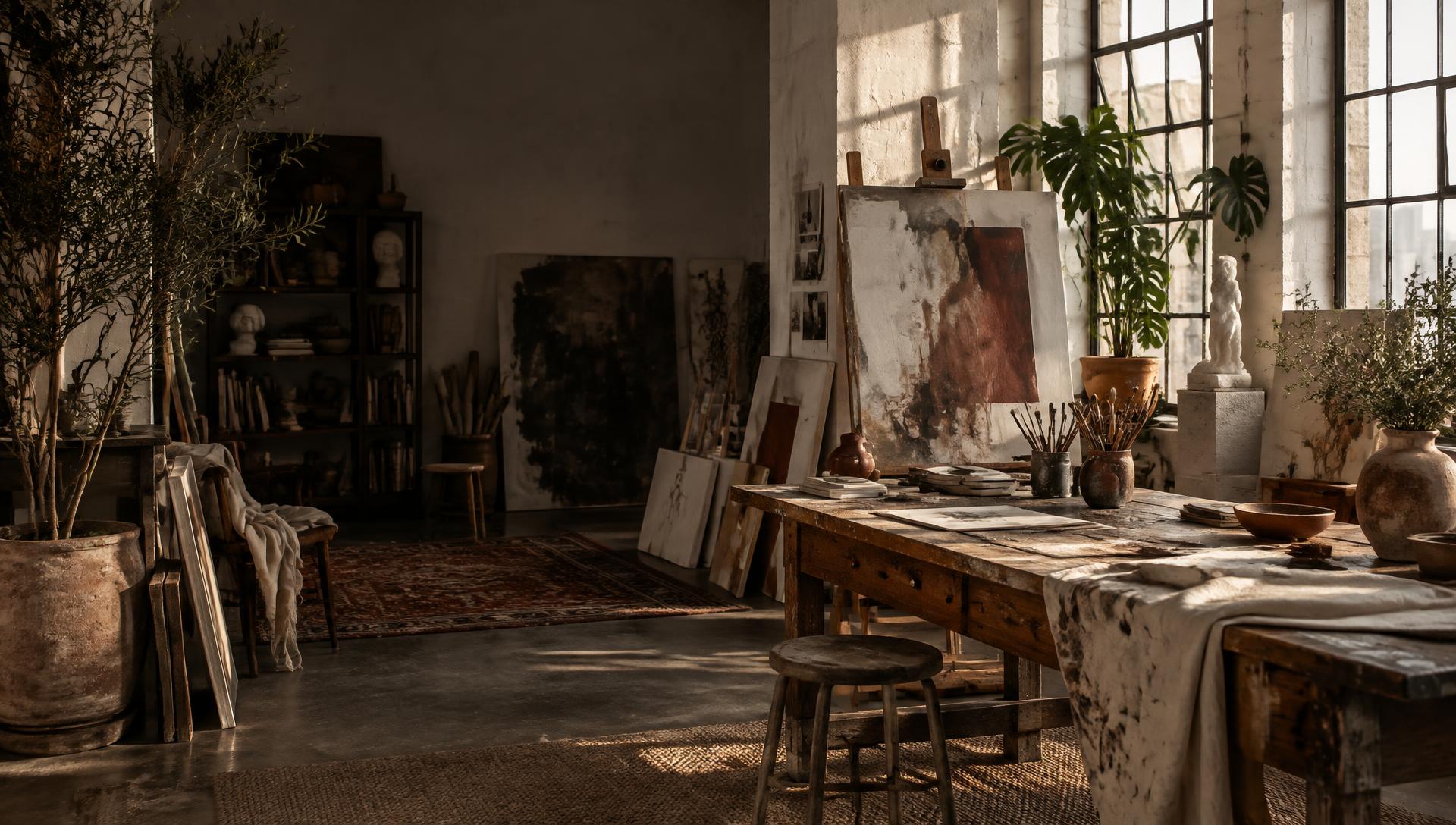 Sunlit artist loft with paintings, brushes and sculpture
